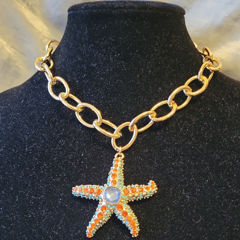 Betsey Johndon Gold Chain Necklace with Orange and Turquoise Starfish Pendant HL
